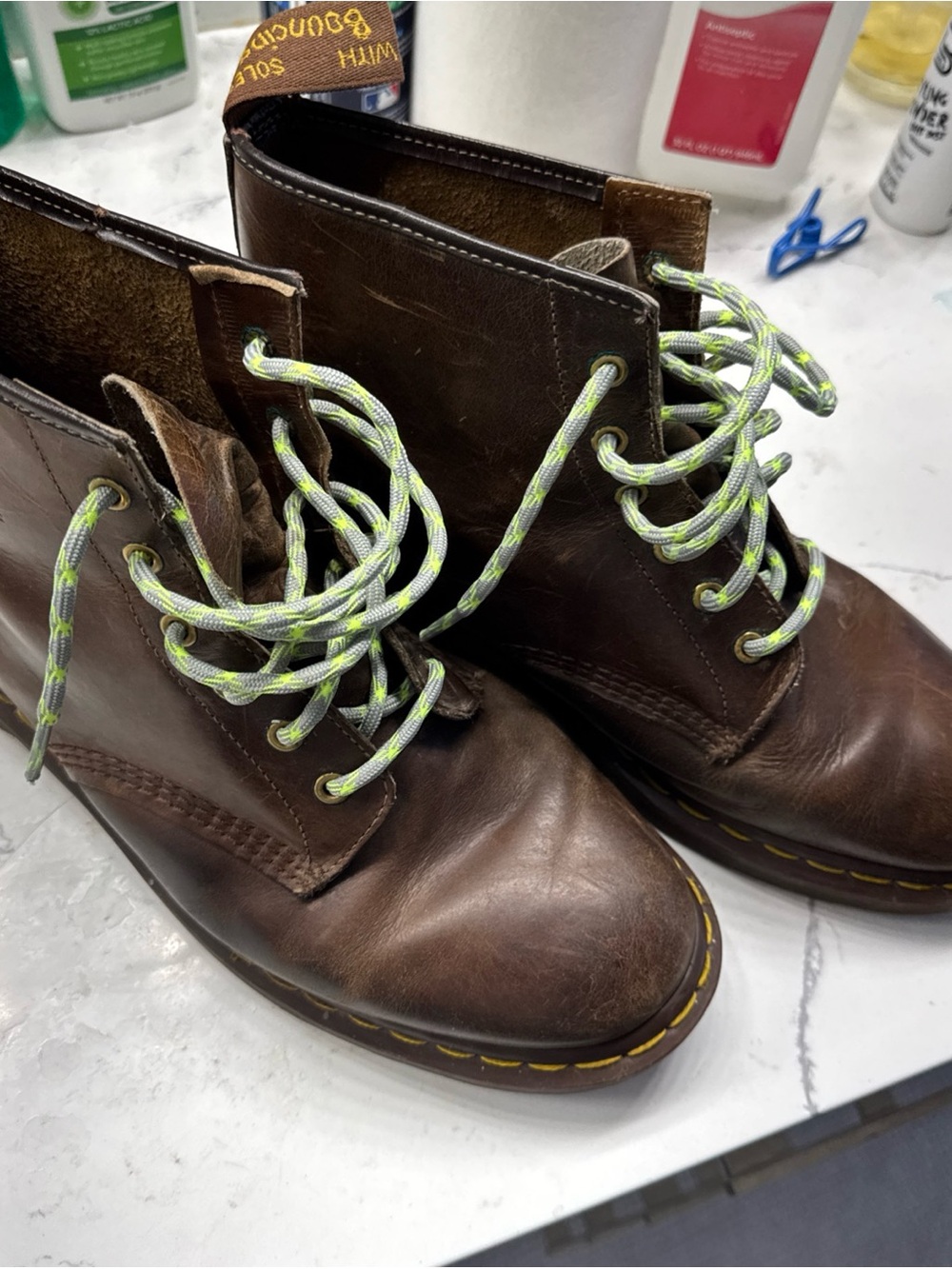 Brown Leather Men's Lace-Up Boots with Reflective Green Laces
